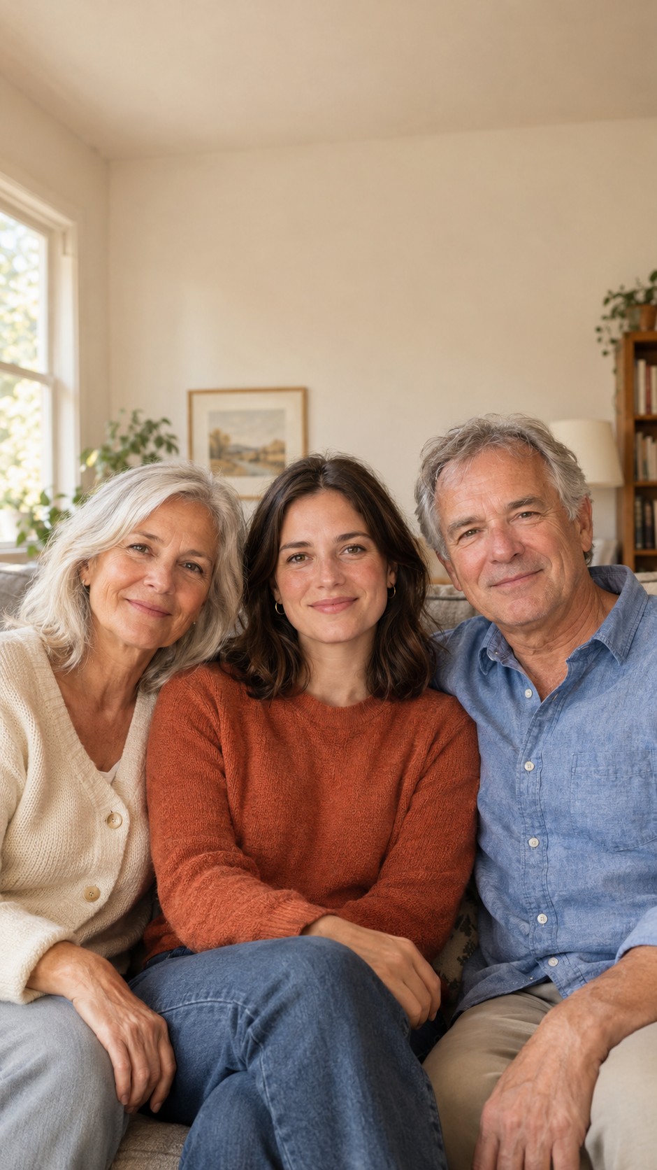 Illustrative AI-generated portrait of a fictional adult daughter sitting with her parents